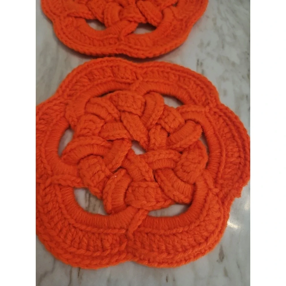 Handmade Celtic Knot Crochet Trivet Hot Pads Set Of 2 Orange  Vintage